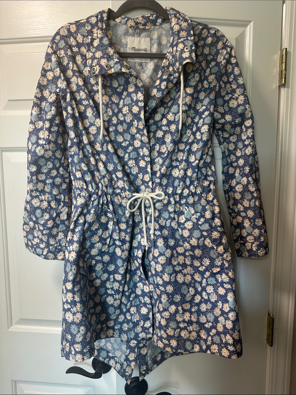 Madewell Blue Floral Drawstring Trench Coat